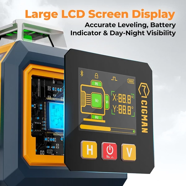 CIGMAN CM-S04 16 vonalas lézeres szintező: 4x360° zöld fény, LCD kijelző, ±1.5mm pontosság, App/távirányító, IP54, 2 db akkumulátor
