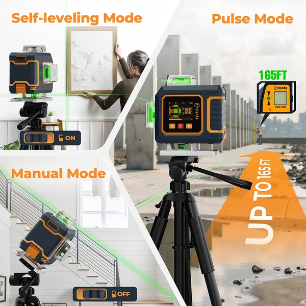 CIGMAN CM-S04 16 vonalas lézeres szintező: 4x360° zöld fény, LCD kijelző, ±1.5mm pontosság, App/távirányító, IP54, 2 db akkumulátor