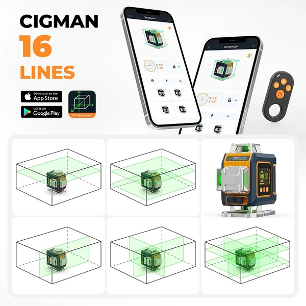 CIGMAN CM-S04 16 vonalas lézeres szintező: 4x360° zöld fény, LCD kijelző, ±1.5mm pontosság, App/távirányító, IP54, 2 db akkumulátor