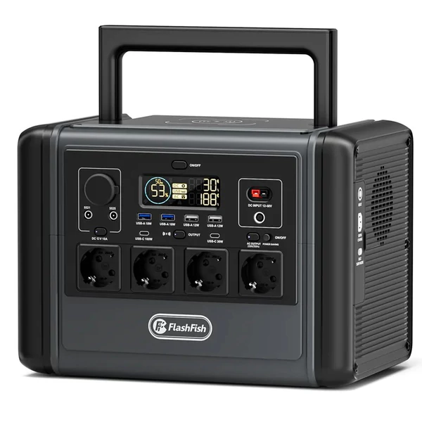 Flashfish T1200s hordozható erőmű, 768Wh LiFePO4 akku, 1200W AC (2400W peak), 100W USB-C, 14 port, LED lámpa, kempinghez és vészhelyzetre
