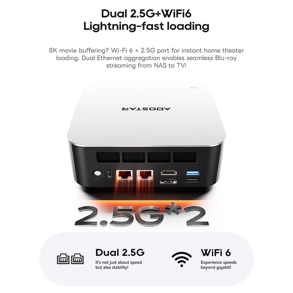AOOSTAR MACO Mini PC Barebone, AMD Ryzen 7 H255, 8 mag, Quad Display, 2xUSB4, OCuLink, 2.5G LAN, ujjlenyomat-olvasó (RAM és SSD nélkül)