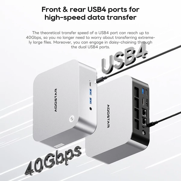 AOOSTAR MACO Mini PC Barebone, AMD Ryzen 7 H255, 8 mag, Quad Display, 2xUSB4, OCuLink, 2.5G LAN, ujjlenyomat-olvasó (RAM és SSD nélkül)