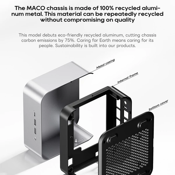 AOOSTAR MACO Mini PC Barebone, AMD Ryzen 7 H255, 8 mag, Quad Display, 2xUSB4, OCuLink, 2.5G LAN, ujjlenyomat-olvasó (RAM és SSD nélkül)