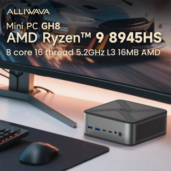 ALLIWAVA GH8 Gaming Mini PC, AMD Ryzen 9 8945HS (max. 5.2GHz), 32GB RAM, 1TB SSD, USB4, WiFi 6E, BT 5.2, Quad Display, 2.5G LAN, 150 kar.