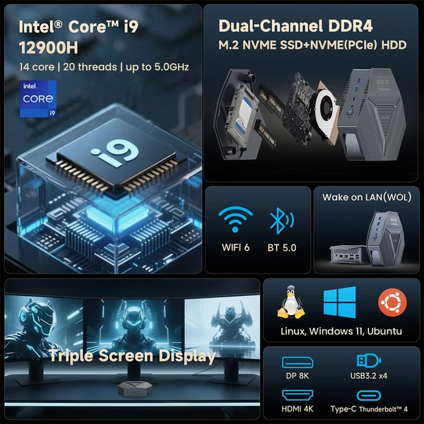 ALLIWAVA GH9 Mini PC, Intel Core i9-12900HK, 32GB RAM, 1TB SSD, 4K Triple Display (HDMI+DP+Type-C), WiFi 6, Dual 2.5G LAN, Windows 11