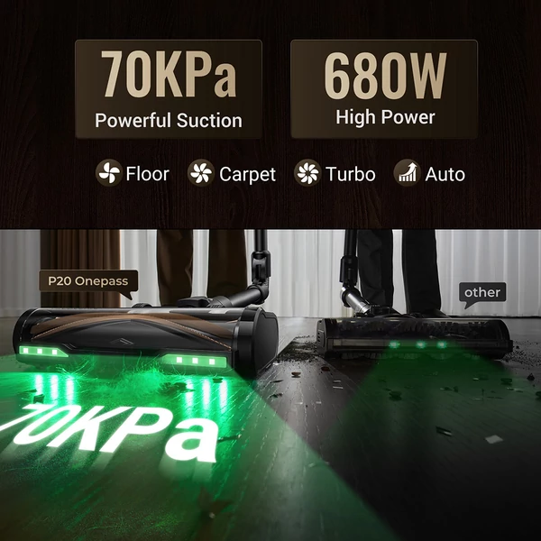 Proscenic P20 OnePass akkumulátoros porszívó 70000 Pa szívóerővel, 70 perc üzemidő, 680 W motor, 180° hajlítható cső, nedves-száraz tisztítás