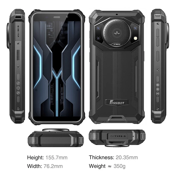 FOSSiBOT F101P ütésálló mobil: 4GB/64GB, 10600mAh akku, 123dB hangszóró, 5.45" HD+, Android 13, Dual SIM - fekete