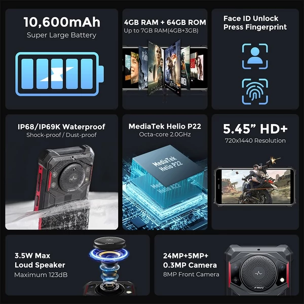 FOSSiBOT F101P ütésálló mobil: 4GB/64GB, 10600mAh akku, 123dB hangszóró, 5.45" HD+, Android 13, Dual SIM - fekete