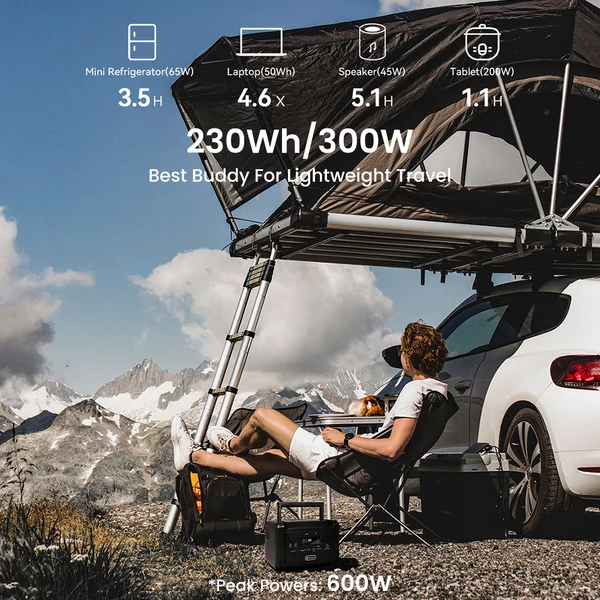 Flashfish T300Pro hordozható erőmű: 230Wh, 300W (600W peak), LiFePO4 akku, tiszta szinuszos AC, 100W PD USB-C, UPS funkció és LED lámpa
