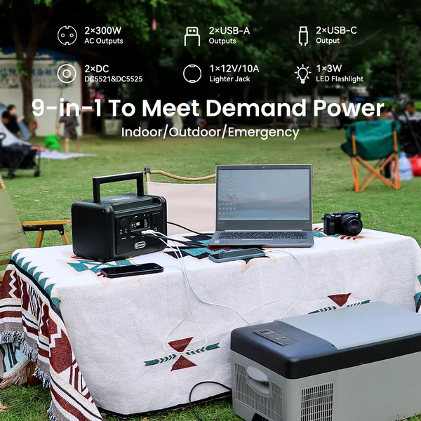 Flashfish T300Pro hordozható erőmű: 230Wh, 300W (600W peak), LiFePO4 akku, tiszta szinuszos AC, 100W PD USB-C, UPS funkció és LED lámpa