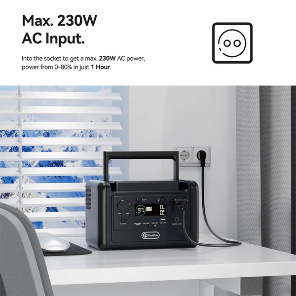 Flashfish T300Pro hordozható erőmű: 230Wh, 300W (600W peak), LiFePO4 akku, tiszta szinuszos AC, 100W PD USB-C, UPS funkció és LED lámpa