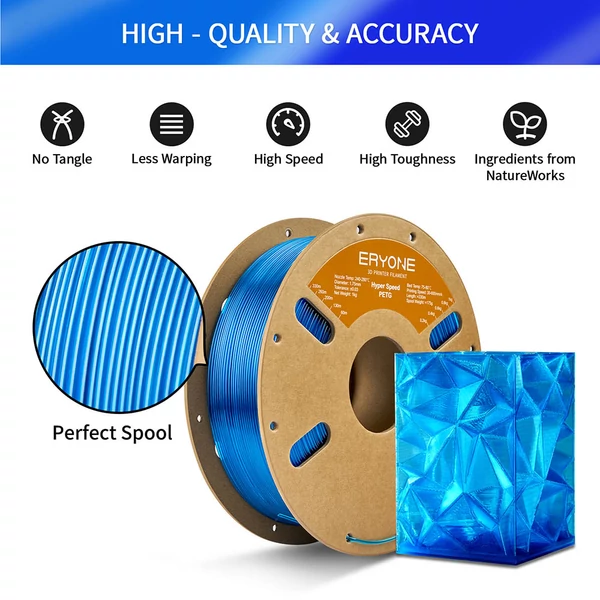 5 kg ERYONE nagy sebességű PETG 3D nyomtató filament csomag – 2 kg átlátszó kék + 2 kg sárga + 1 kg átlátszó piros