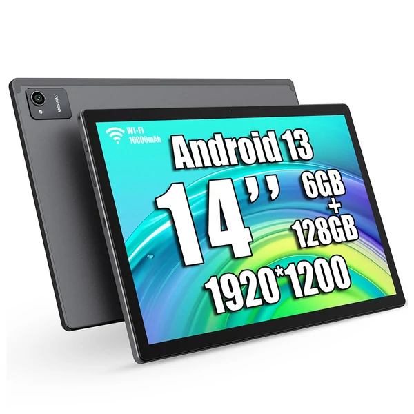 MESWAO B2 tablet 14” 1920×1200 IPS kijelzővel, 6GB RAM, 128GB tárhely, Android 13, Wi‑Fi 5, BT 5.0, 10000mAh, 32+5MP, 4 hangszóró - szürke