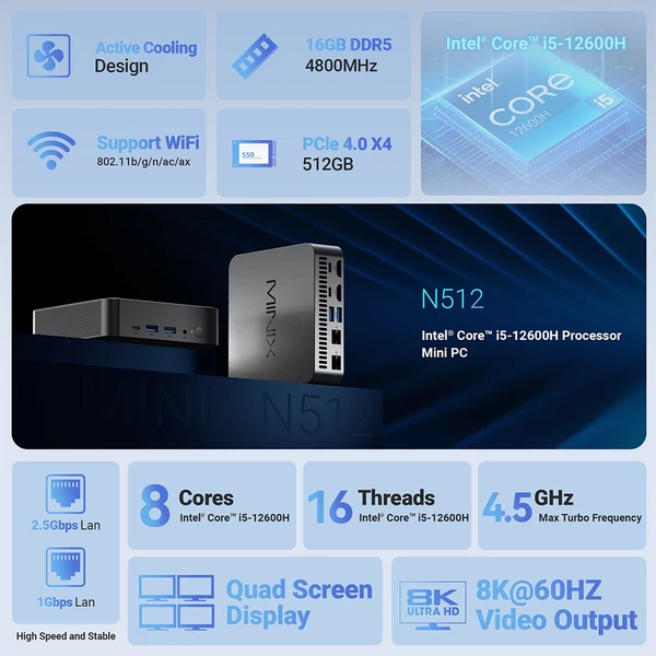 MINIX N512 Mini PC, Intel i5-12600H (4.5GHz), 16GB RAM, 1TB SSD, Thunderbolt 4, Quad Display, WiFi 6, 2.5G LAN, Win 11