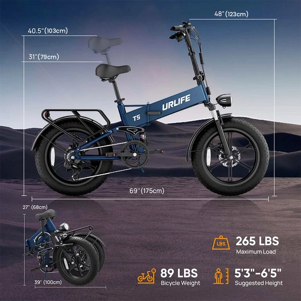 URLIFE T5 elektromos kerékpár 750W, 48V 13Ah, 20x4” ballonos gumik, 45 km/h, 125 km hatótáv, összteleszkóp, Shimano 7 - Fekete