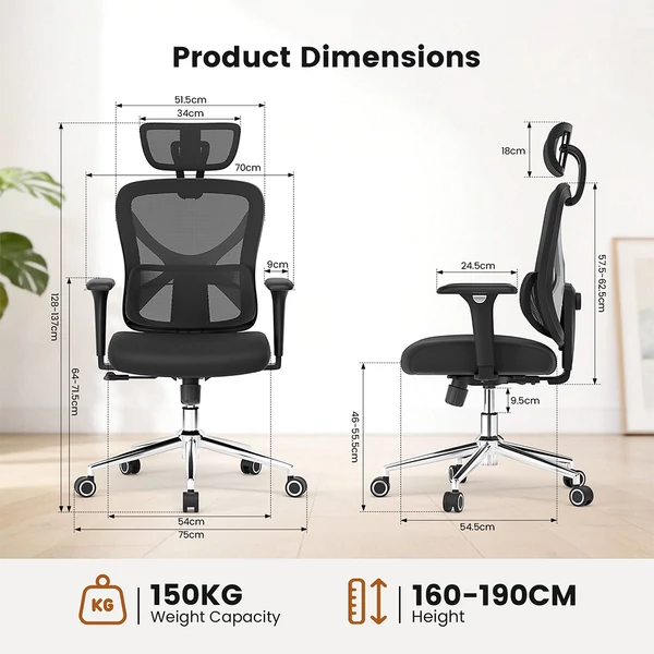 ACGAM CG-5345M ergonomikus irodai szék, 90–130° dönthető háttámla, 3D kartámasz, fejtámla, deréktámasz, hálós, memóriahab, 150 kg