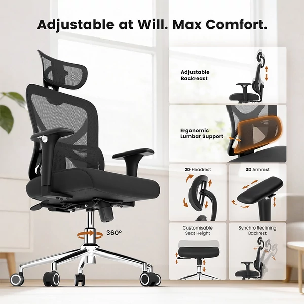 ACGAM CG-5345M ergonomikus irodai szék, 90–130° dönthető háttámla, 3D kartámasz, fejtámla, deréktámasz, hálós, memóriahab, 150 kg