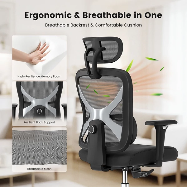 ACGAM CG-5345M ergonomikus irodai szék, 90–130° dönthető háttámla, 3D kartámasz, fejtámla, deréktámasz, hálós, memóriahab, 150 kg