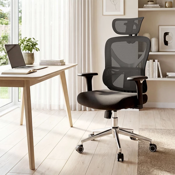 ACGAM CG-5345M ergonomikus irodai szék, 90–130° dönthető háttámla, 3D kartámasz, fejtámla, deréktámasz, hálós, memóriahab, 150 kg