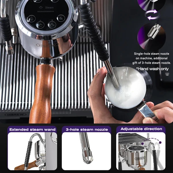 HiBREW H21 eszpresszógép, tripla bojler, dupla szivattyú, PID, 9 bar, 58 mm kar, egyidejű főzés és gőzölés, 1,8 l