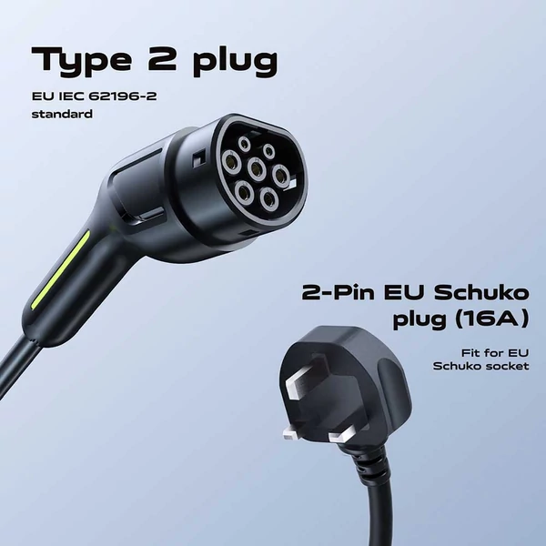 VDL POWER EC11 hordozható elektromos autó töltő 3,6 kW, 16 A, EU Schuko (2 pólus), 5 m kábel, IP65, IEC 62196-2 szabvány