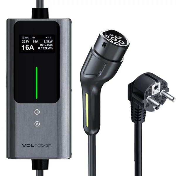 VDL POWER EC12 hordozható EV töltő Type 2 csatlakozóval, 3,6 kW gyorstöltés, 6–16 A állítható, IP65, LED kijelző