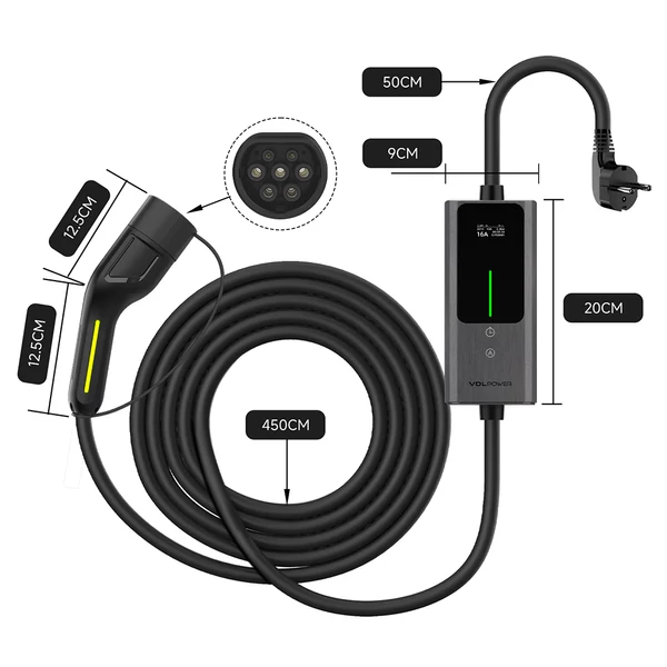 VDL POWER EC12 hordozható EV töltő Type 2 csatlakozóval, 3,6 kW gyorstöltés, 6–16 A állítható, IP65, LED kijelző