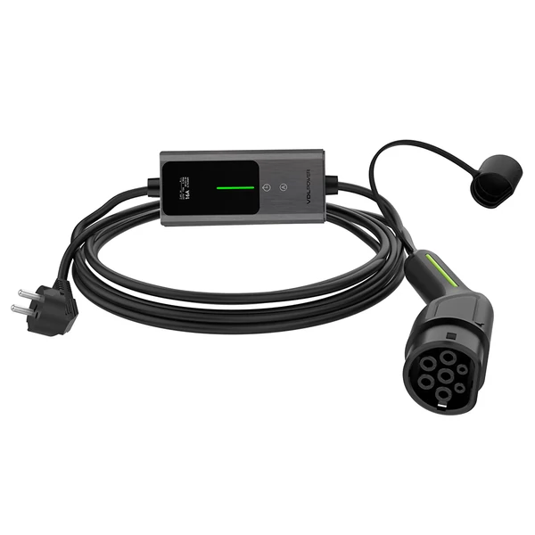 VDL POWER EC12 hordozható EV töltő Type 2 csatlakozóval, 3,6 kW gyorstöltés, 6–16 A állítható, IP65, LED kijelző