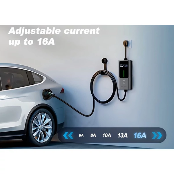 VDL POWER EC12 hordozható EV töltő Type 2 csatlakozóval, 3,6 kW gyorstöltés, 6–16 A állítható, IP65, LED kijelző