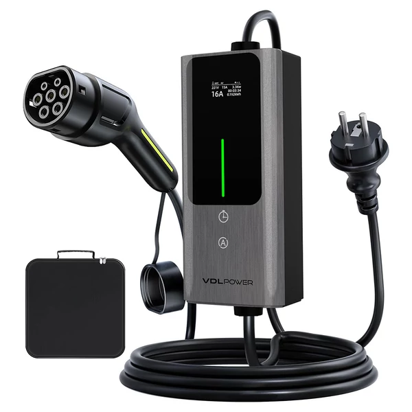 VDL POWER EC12 hordozható EV töltő Type 2 csatlakozóval, 3,6 kW gyorstöltés, 6–16 A állítható, IP65, LED kijelző