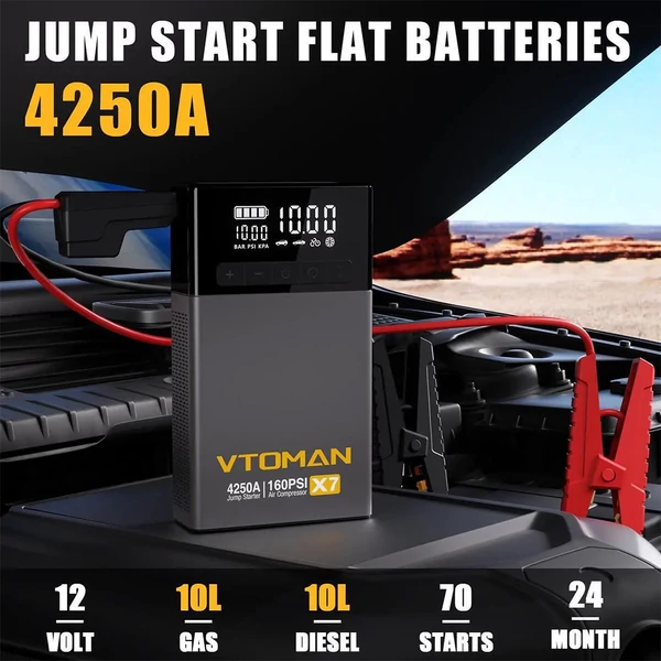 VTOMAN X7 autó bikázó/indító powerbank légkompresszorral, 4250A, 12V (max 10L benzin/10L dízel), 160 PSI, 5,1" kijelző, 88,8Wh