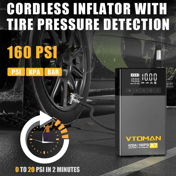 VTOMAN X7 autó bikázó/indító powerbank légkompresszorral, 4250A, 12V (max 10L benzin/10L dízel), 160 PSI, 5,1" kijelző, 88,8Wh