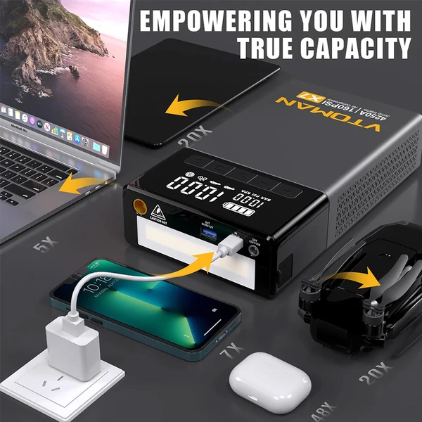 VTOMAN X7 autó bikázó/indító powerbank légkompresszorral, 4250A, 12V (max 10L benzin/10L dízel), 160 PSI, 5,1" kijelző, 88,8Wh