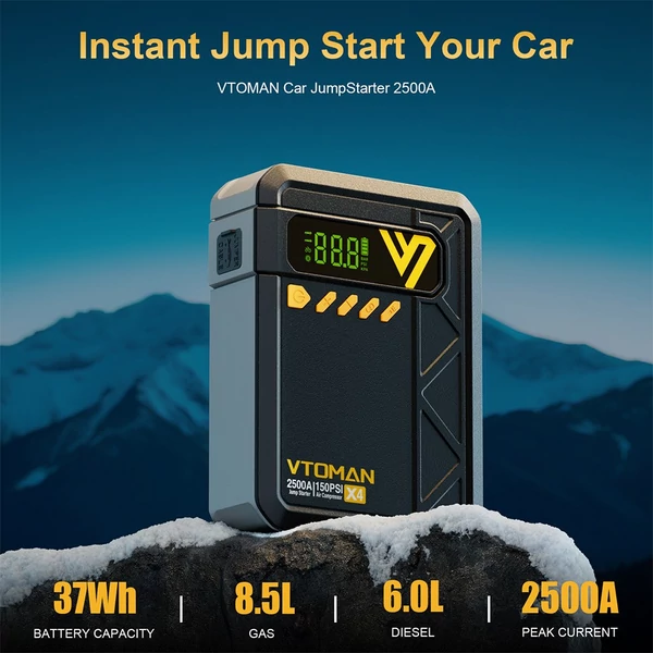 VTOMAN X4 2500A 12V autós bikázó (indító) 150 PSI kompresszorral, 10000 mAh power bankkal, LED lámpával – benzines 8,5 l / dízel 6 l