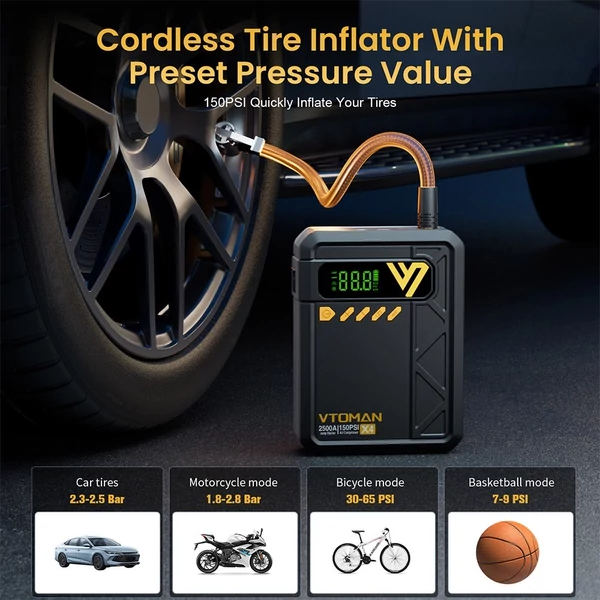 VTOMAN X4 2500A 12V autós bikázó (indító) 150 PSI kompresszorral, 10000 mAh power bankkal, LED lámpával – benzines 8,5 l / dízel 6 l