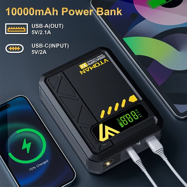VTOMAN X4 2500A 12V autós bikázó (indító) 150 PSI kompresszorral, 10000 mAh power bankkal, LED lámpával – benzines 8,5 l / dízel 6 l