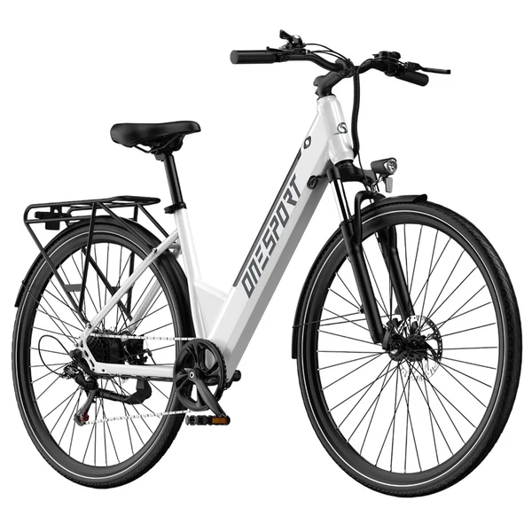 ONESPORT OT12 elektromos kerékpár, 250W motor, 36V 13Ah akku, 27,5” gumik, 25 km/h, 65 km hatótáv, Shimano 7 fokozat - Fehér
