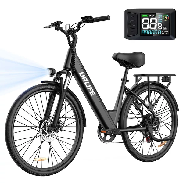 URLIFE E26 elektromos kerékpár 250W, 36V 13Ah, 26” kerék, 25 km/h, akár 80 km hatótáv, tárcsafék, teleszkóp, Shimano 7 – Fekete