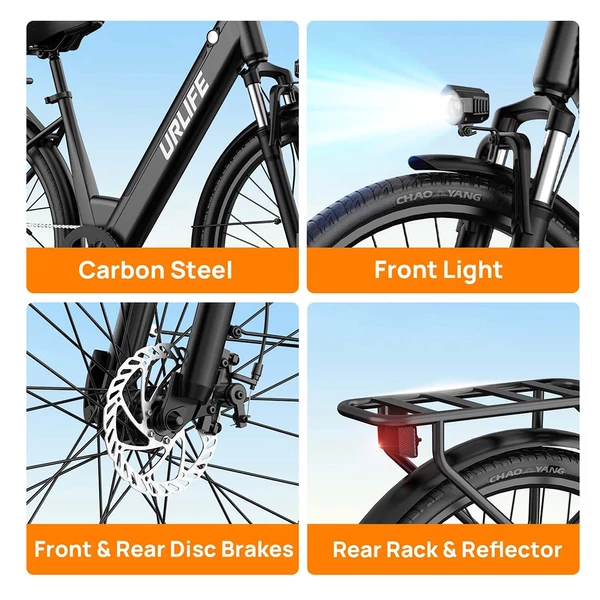 URLIFE E26 elektromos kerékpár 250W, 36V 13Ah, 26” kerék, 25 km/h, akár 80 km hatótáv, tárcsafék, teleszkóp, Shimano 7 – Fekete