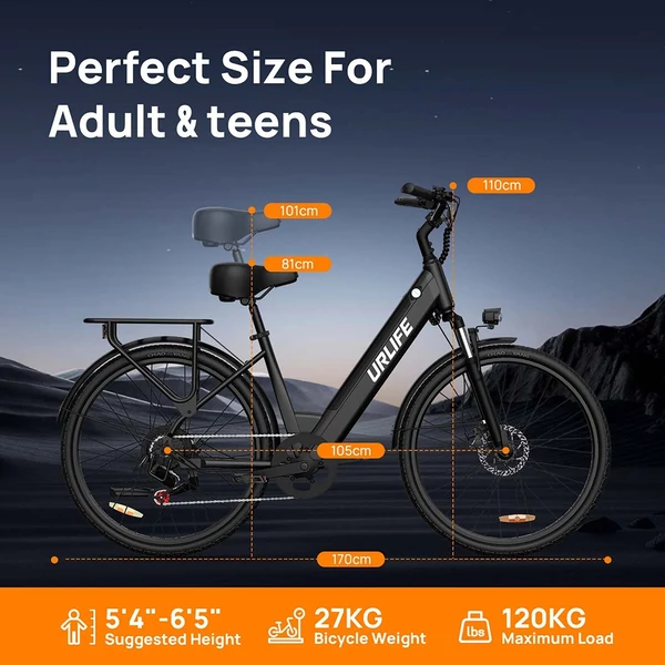URLIFE E26 elektromos kerékpár 250W, 36V 13Ah, 26” kerék, 25 km/h, akár 80 km hatótáv, tárcsafék, teleszkóp, Shimano 7 – Fekete