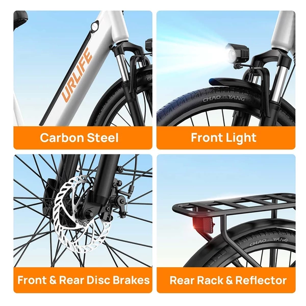 URLIFE E26 elektromos kerékpár 250W, 36V 13Ah, 26” kerék, 25 km/h, akár 80 km hatótáv, tárcsafék, teleszkóp, Shimano 7 – Fehér