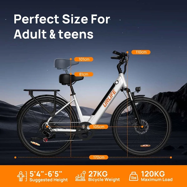 URLIFE E26 elektromos kerékpár 250W, 36V 13Ah, 26” kerék, 25 km/h, akár 80 km hatótáv, tárcsafék, teleszkóp, Shimano 7 – Fehér