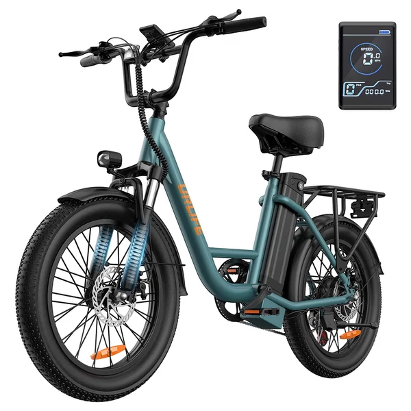 URLIFE E20 elektromos kerékpár 250W motorral, 48V 13Ah akkumulátorral, 20x3” gumi, 25 km/h, 100 km hatótáv, teleszkóp, 7 seb. - Zöld