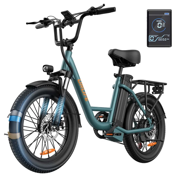 URLIFE E20 elektromos kerékpár 250W motorral, 48V 13Ah akkumulátorral, 20x3” gumi, 25 km/h, 100 km hatótáv, teleszkóp, 7 seb. - Zöld