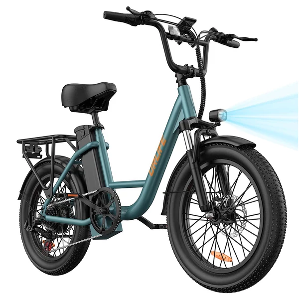 URLIFE E20 elektromos kerékpár 250W motorral, 48V 13Ah akkumulátorral, 20x3” gumi, 25 km/h, 100 km hatótáv, teleszkóp, 7 seb. - Zöld