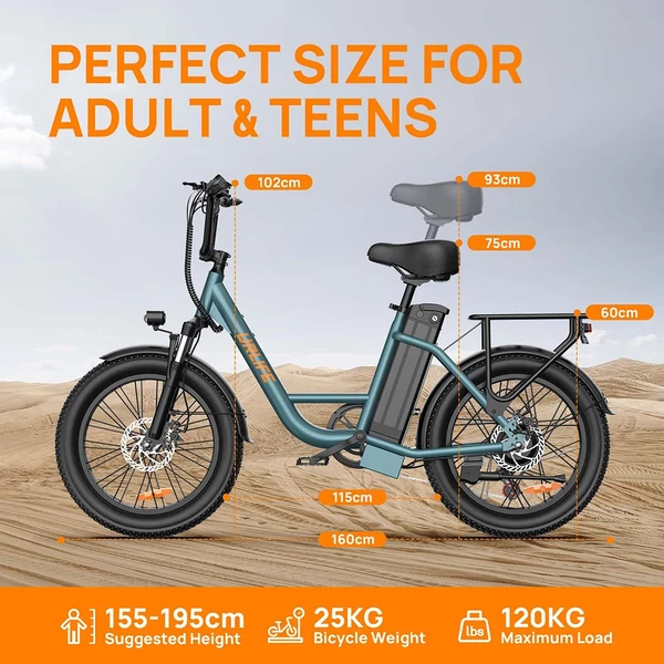 URLIFE E20 elektromos kerékpár 250W motorral, 48V 13Ah akkumulátorral, 20x3” gumi, 25 km/h, 100 km hatótáv, teleszkóp, 7 seb. - Zöld