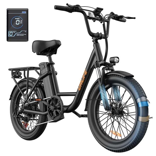 URLIFE E20 elektromos kerékpár 250W motorral, 48V 13Ah akkumulátorral, 20x3” gumi, 25 km/h, 100 km hatótáv, teleszkóp, 7 seb. - Fekete