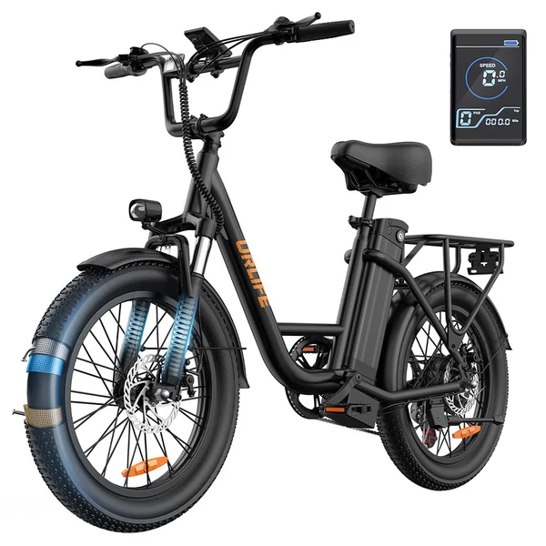 URLIFE E20 elektromos kerékpár 250W motorral, 48V 13Ah akkumulátorral, 20x3” gumi, 25 km/h, 100 km hatótáv, teleszkóp, 7 seb. - Fekete
