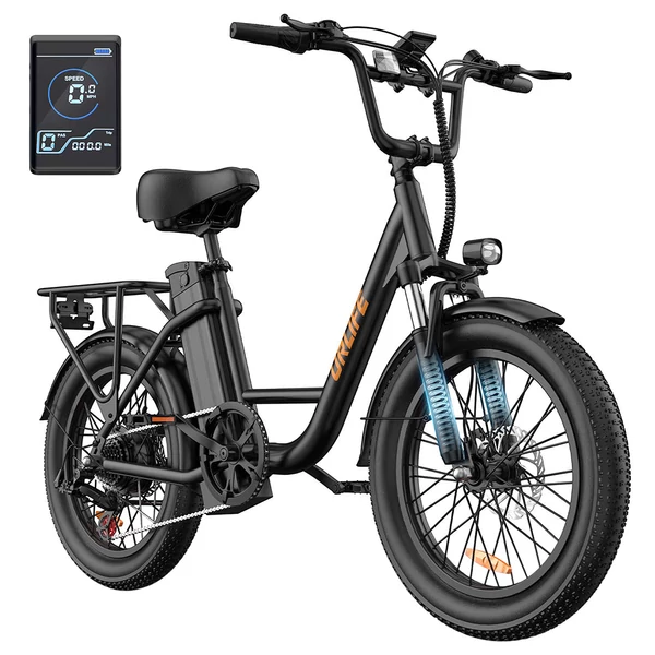URLIFE E20 elektromos kerékpár 250W motorral, 48V 13Ah akkumulátorral, 20x3” gumi, 25 km/h, 100 km hatótáv, teleszkóp, 7 seb. - Fekete