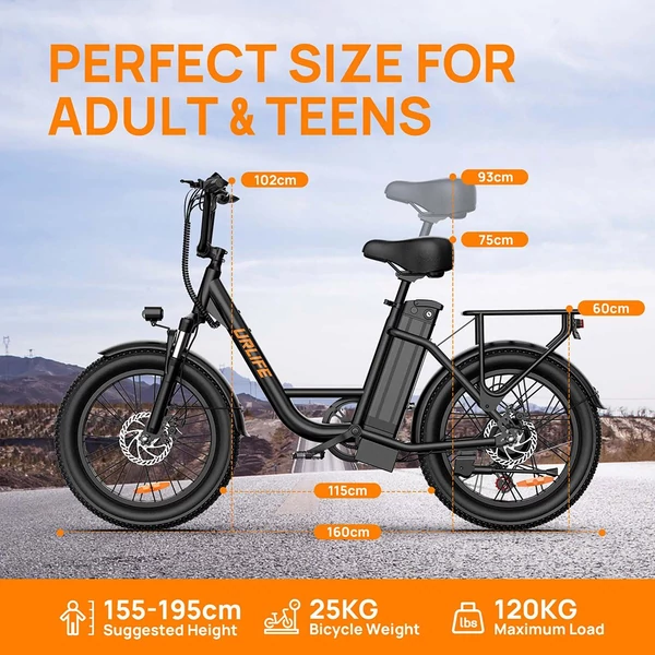 URLIFE E20 elektromos kerékpár 250W motorral, 48V 13Ah akkumulátorral, 20x3” gumi, 25 km/h, 100 km hatótáv, teleszkóp, 7 seb. - Fekete